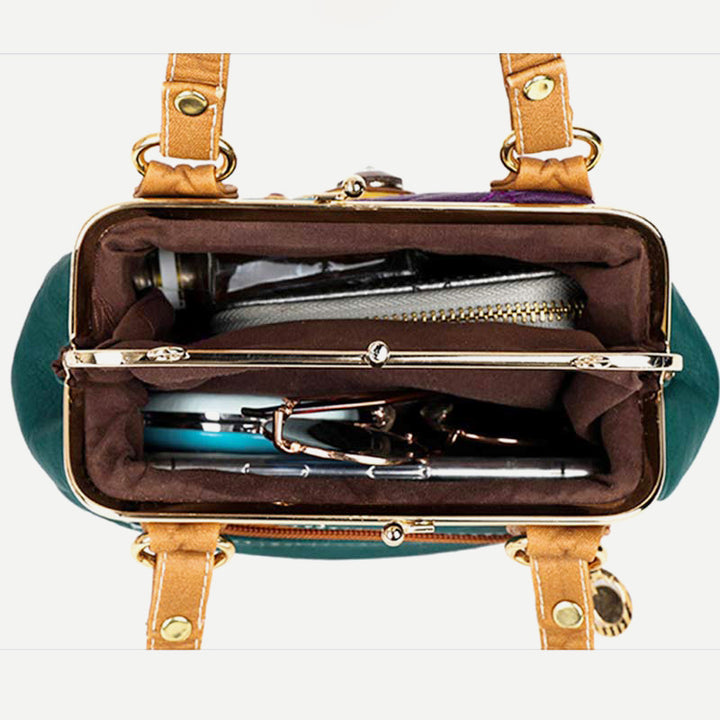 Retro Double Layer Kiss-Lock Shoulder Handbag Party Evening Purse with Crossbody Chain