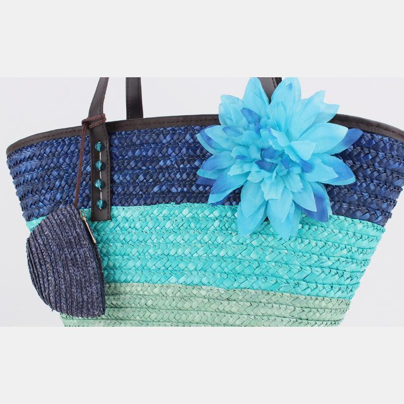 Summer Flower Straw Woven Beach Bag Travel Tote Bag