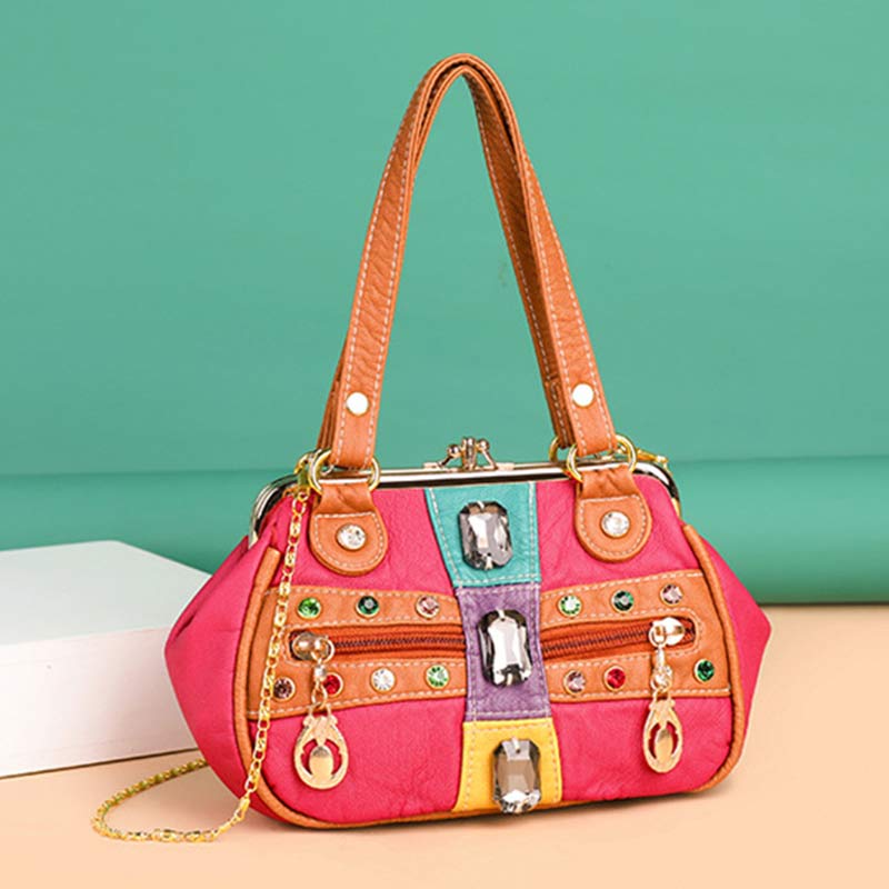 Retro Double Layer Kiss-Lock Shoulder Handbag Party Evening Purse with Crossbody Chain