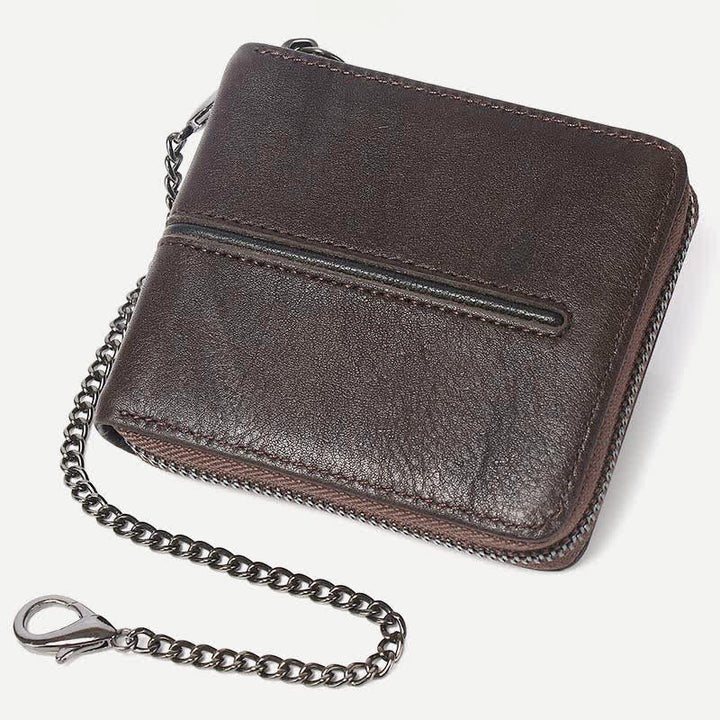 Genuine Leather Zip Around RFID Blocking Bifold Wallet with Chain - Style 1 - SaddleBrown - image 0