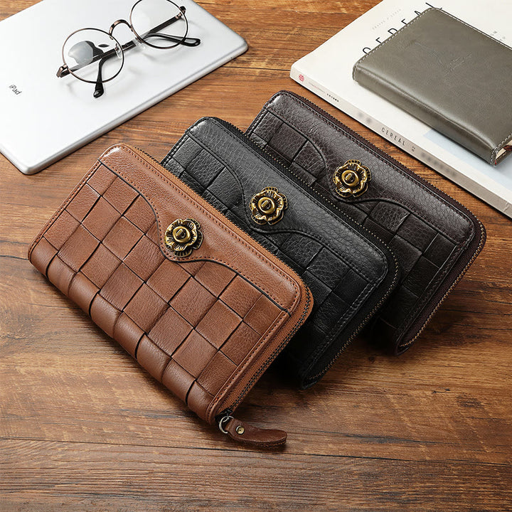 Leather Woven Wallet For Women Men Long Multifunction Clutch Bag