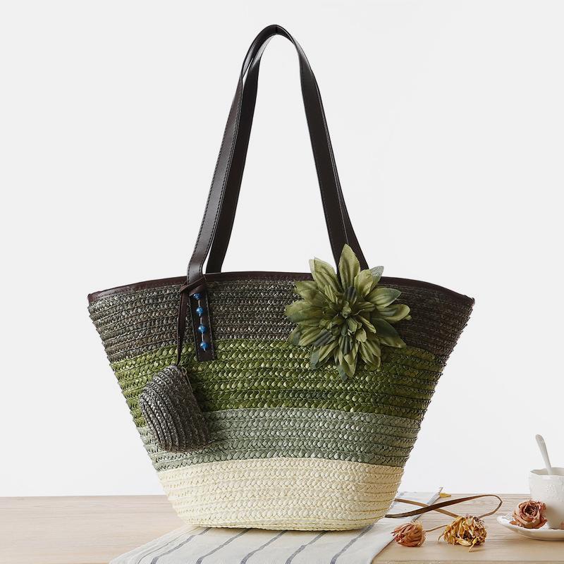 Summer Flower Straw Woven Beach Bag Travel Tote Bag