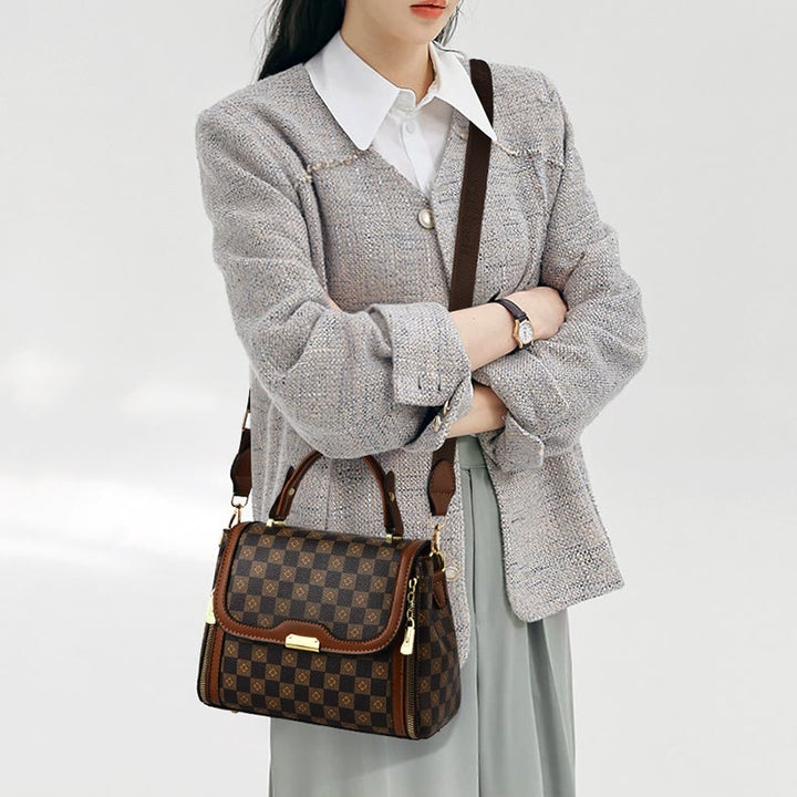 British Elegant Handbag Women Checkerboard Pattern Crossbody Leather Purse