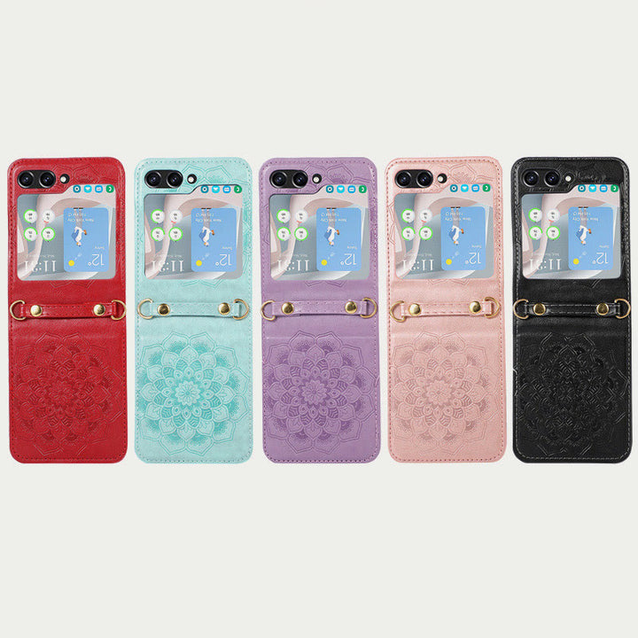Phone Case For Z Flip5 Flower Pattern Leather Crossbody Case