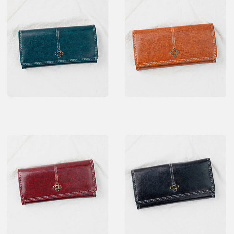 Elegant Retro Long Purse Wax Leather Card Holder For Women
