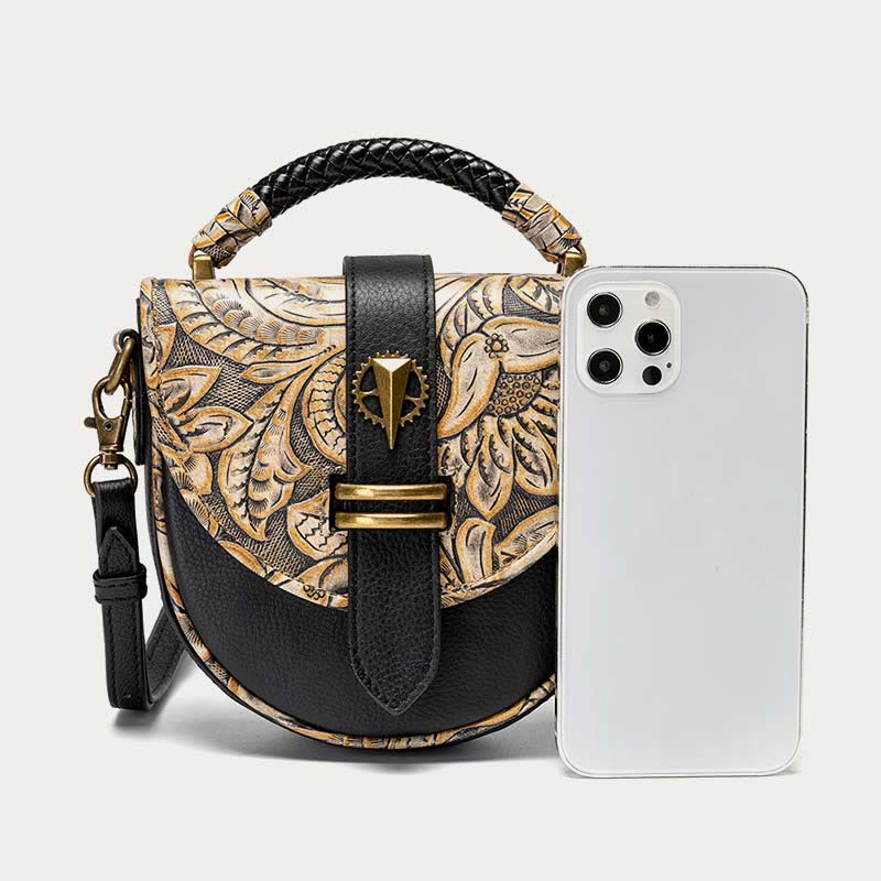 Clamshell Crossbody Bag Vintage Pattern Printing Chic Leather Handbag
