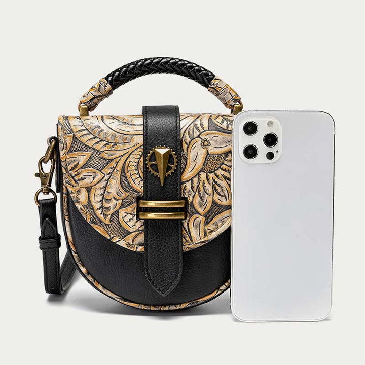 Clamshell Crossbody Bag Vintage Pattern Printing Chic Leather Handbag