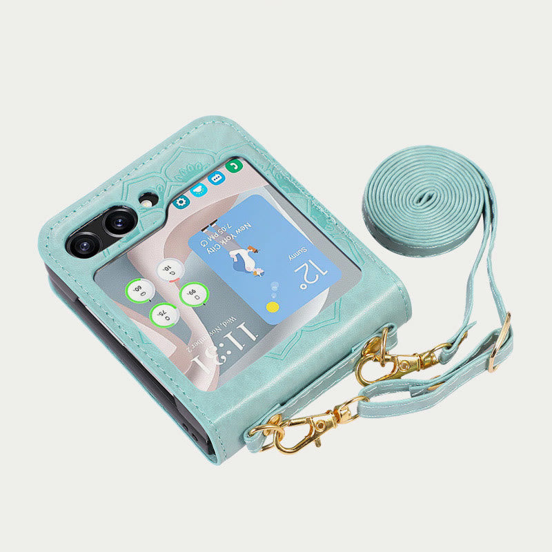 Phone Case For Z Flip5 Flower Pattern Leather Crossbody Case