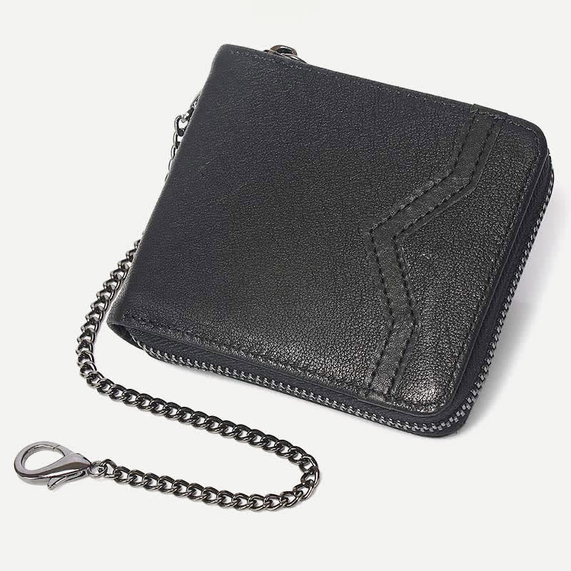 Genuine Leather Zip Around RFID Blocking Bifold Wallet with Chain - Style 2 - Black - image 9