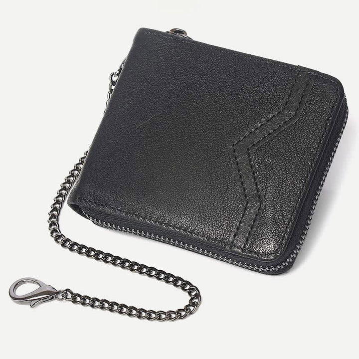 Genuine Leather Zip Around RFID Blocking Bifold Wallet with Chain - Style 2 - Black - image 9