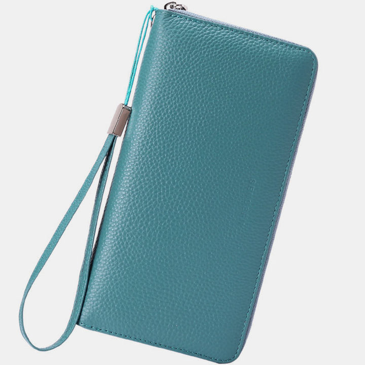 RFID Blocking Genuine Leather Zip Around Wallet Purse with Wrist Strap