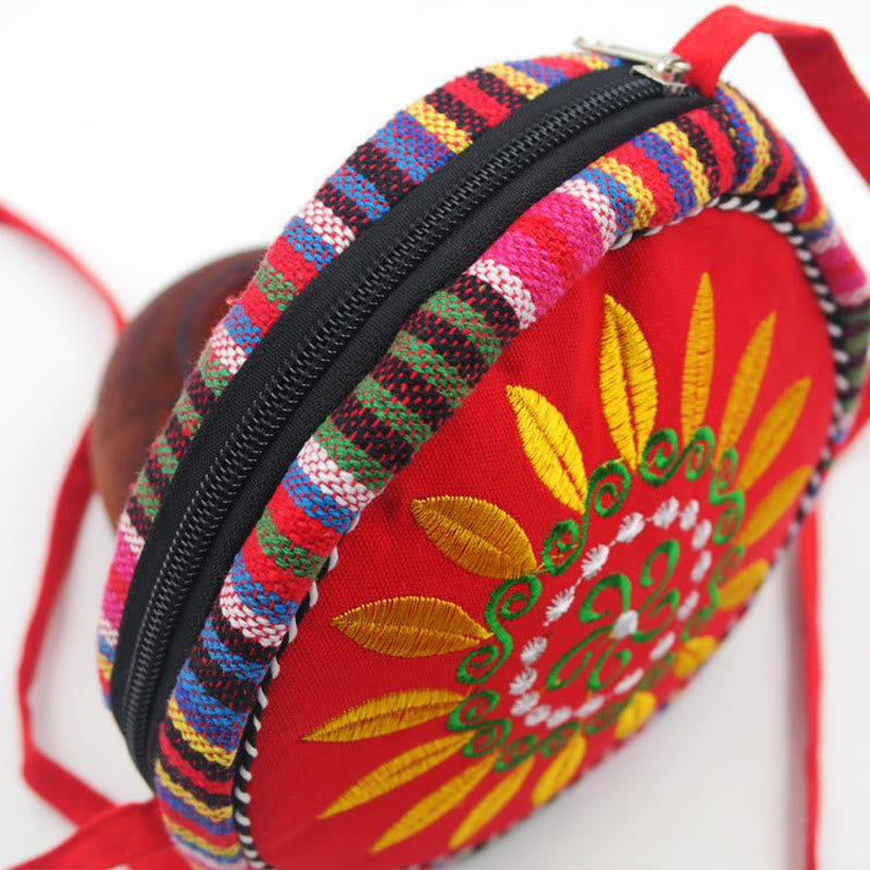 Folk Custom Canvas Bag Women Embroidery Sunflower Small Round Bag
