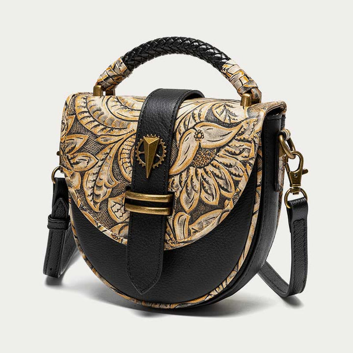 Clamshell Crossbody Bag Vintage Pattern Printing Chic Leather Handbag