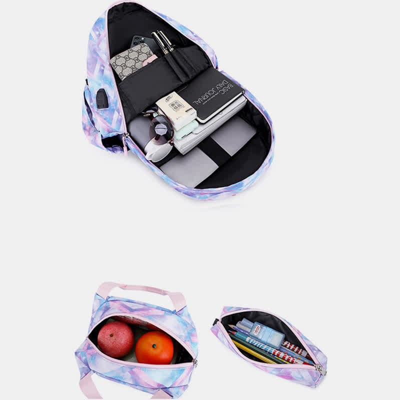 School Backpack Daypack Cute 3-Pcs Schoolbag Set with USB Charging Port