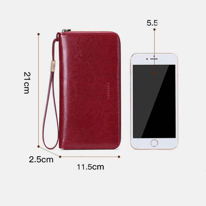 RFID Blocking Genuine Leather Zip Around Wallet Purse with Wrist Strap