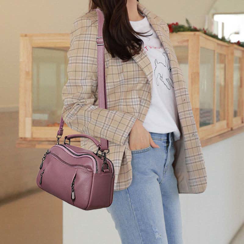 Multi-Pocket Leather Crossbody Purse for Women Small Top Handle Satchel Handbag