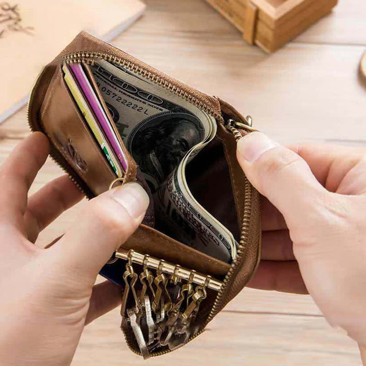 Leather Zip Around Wallet for Men RFID Blocking Card Holder with Keychain