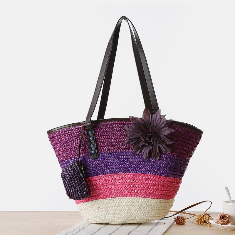 Summer Flower Straw Woven Beach Bag Travel Tote Bag