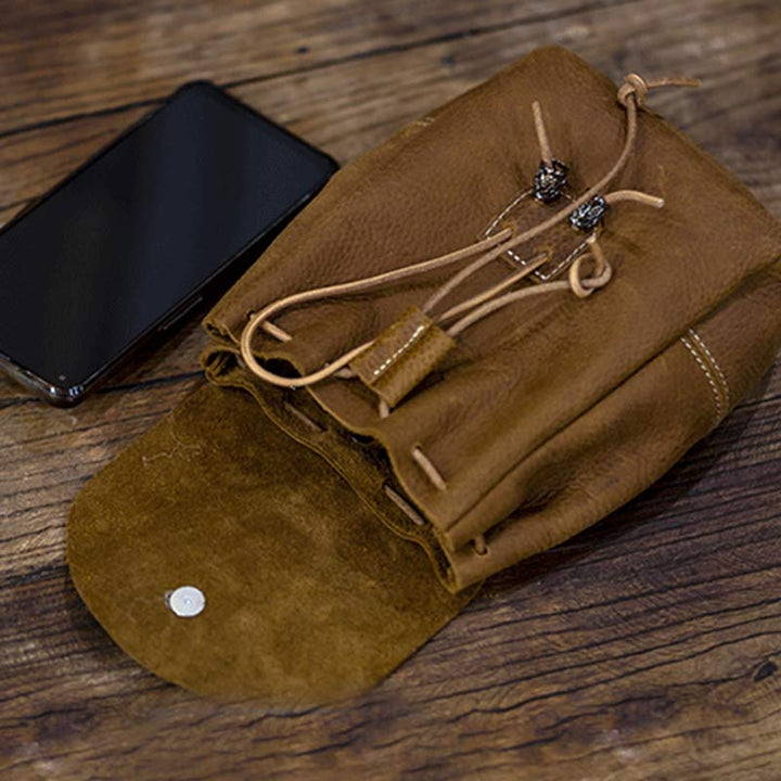 Genuine Leather Drawstring Pouch Purse Waist Bag Portable Wallet Belt Pouch