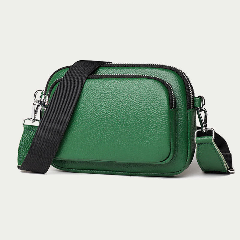 Triple Zip Genuine Leather Crossbody Bag Casual Travel Purse