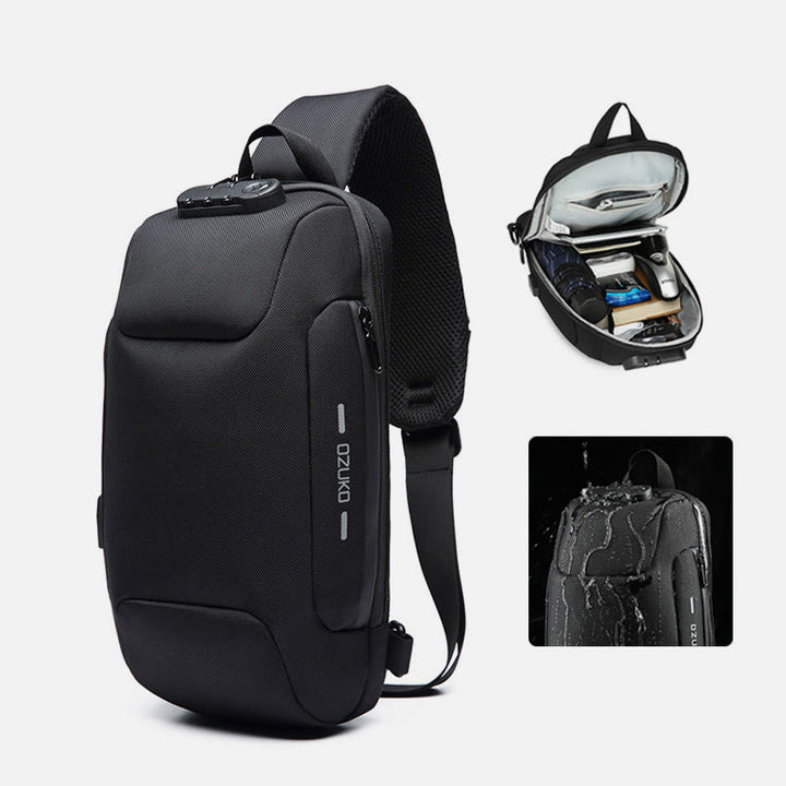 Multi-Pocket Fashion Sling Bag Chest Bag with Passport Lock USB Charging Port