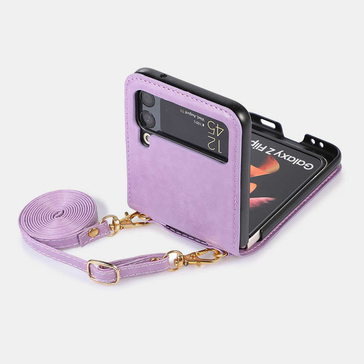 Phone Case For Z Flip 4 Crossbody Clamshell Leather Protection Case