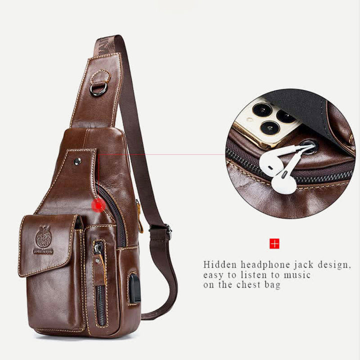 Genuine Leather Multi-Pocket Chest Bag Sling Backpack with USB Charging Port