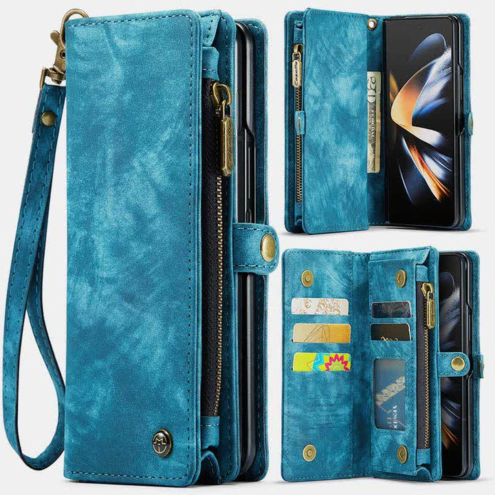 Durable Leather Magnetic Wallet Case for Z Fold 4 with Wrist Strap