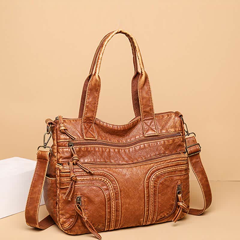 Retro Faux Leather Tote Handbag for Women Shoulder Bag with Crossbody Strap