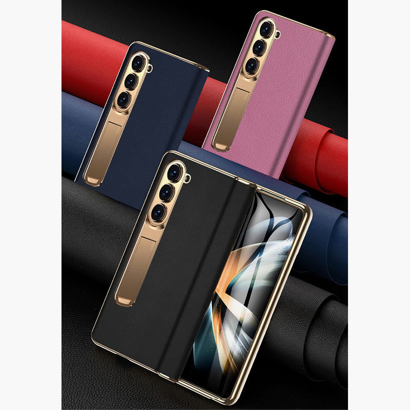 Z Fold 5 Phone Case Leechi Grain Genuine Leather With Screen Film Case