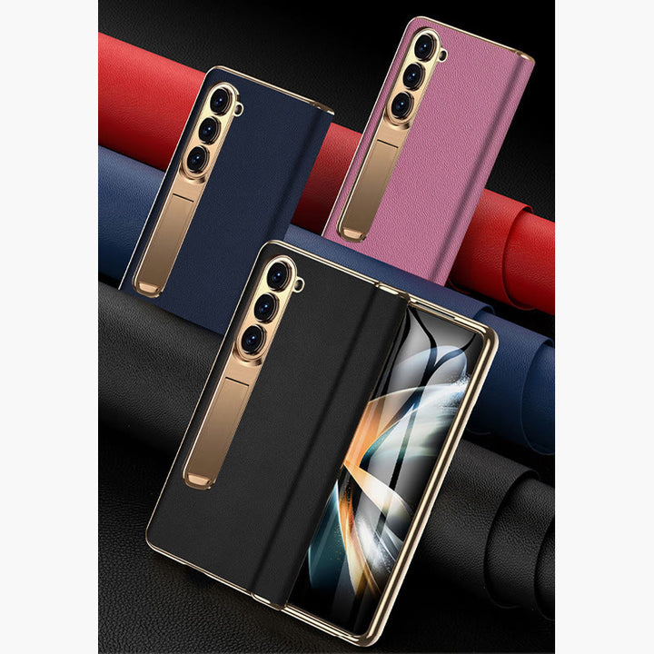 Z Fold 5 Phone Case Leechi Grain Genuine Leather With Screen Film Case