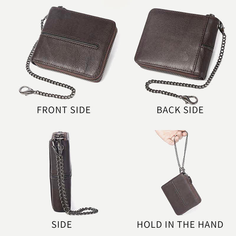 Genuine Leather Zip Around RFID Blocking Bifold Wallet with Chain - image 4