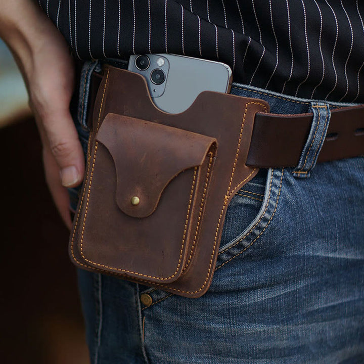 Outdoor Leather Retro Solid Color 7.2 Inch Cell Phone Belt Bag