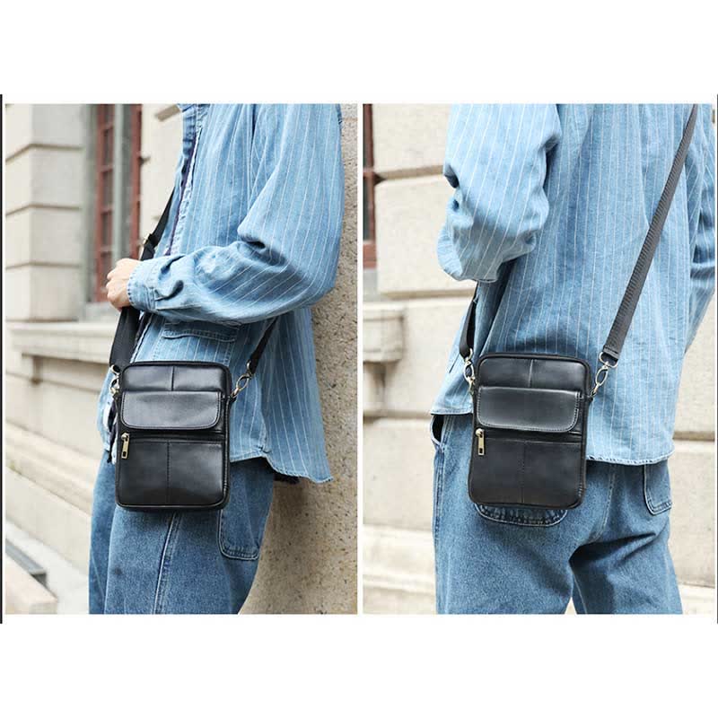 Real Leather Small Messenger Crossbody Bag for Men with Multiple Pockets