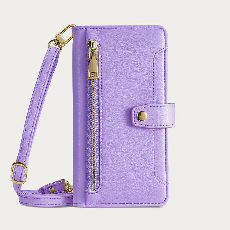 Faux Leather Wallet Case Phone Case for iPhone with Shoulder Strap