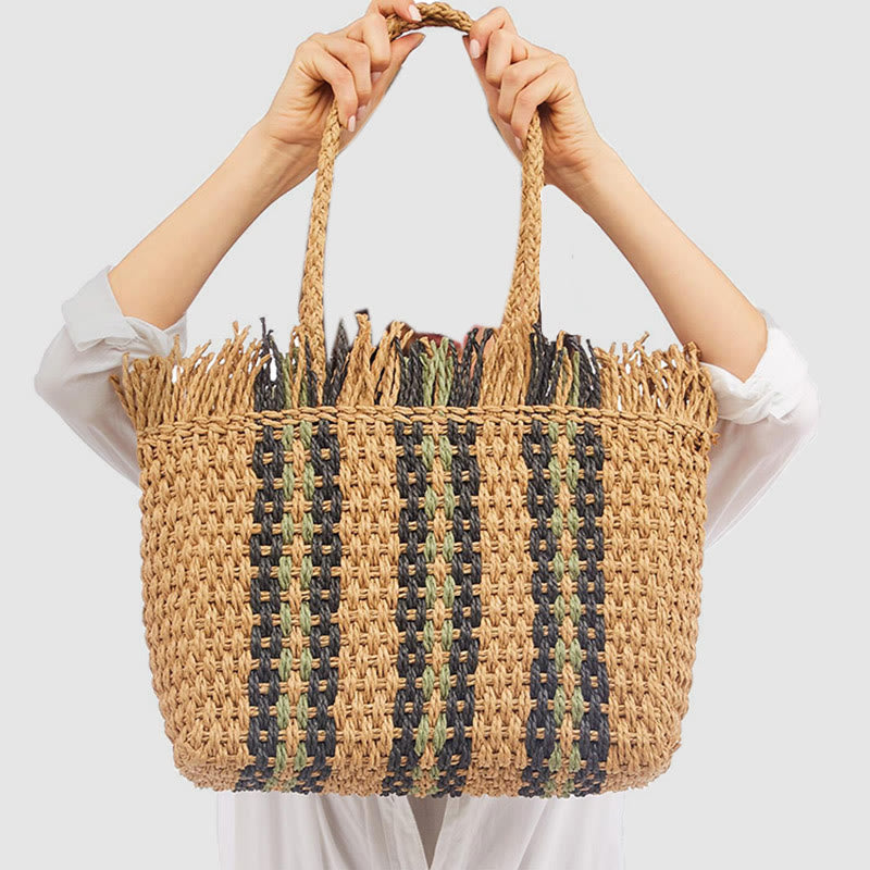 Tote Bag For Women Casual Vertical Stripes Straw Beach Bag