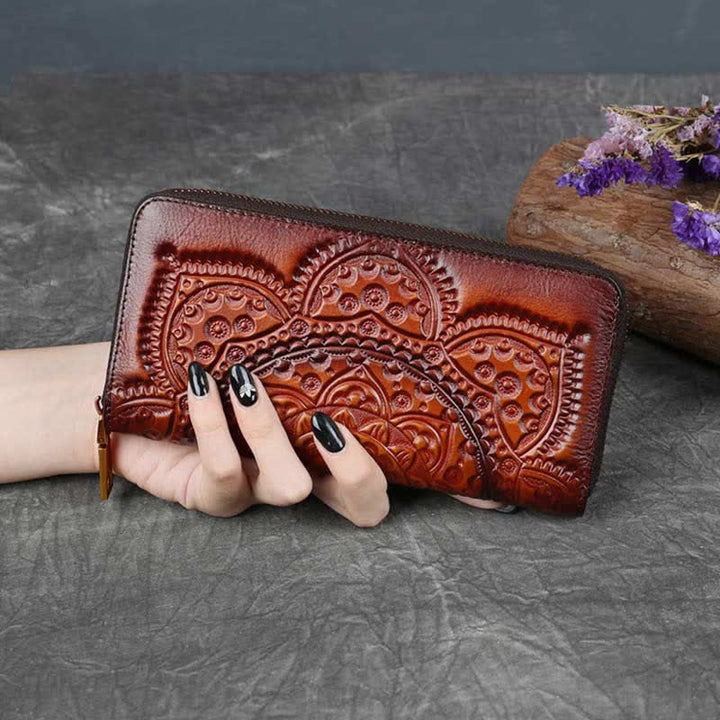 Women Genuine Leather Zip Around Embossing Wallet Large Cowhide Leather Wallet