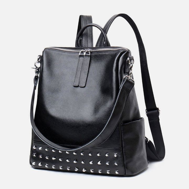 Fashion Rivet Backpack Genuine Leather Double Shoulder Strap Roomy Bag