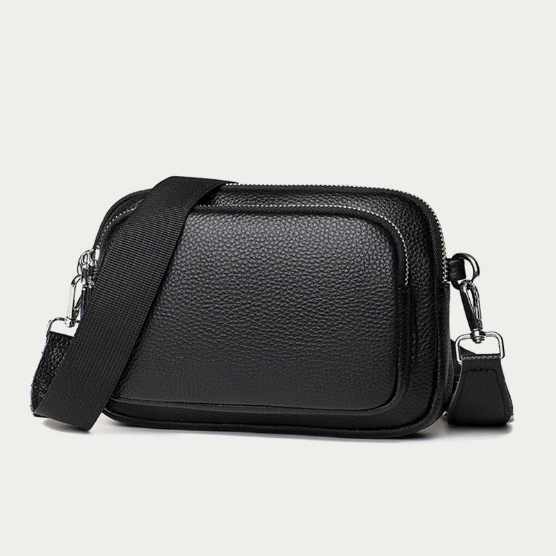 Triple Zip Genuine Leather Crossbody Bag Casual Travel Purse