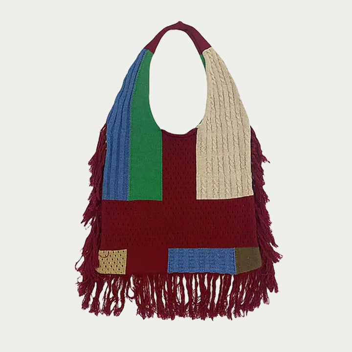 Tassel Shoulder Bag For Women Simple Retro Spliced Knitted Bag
