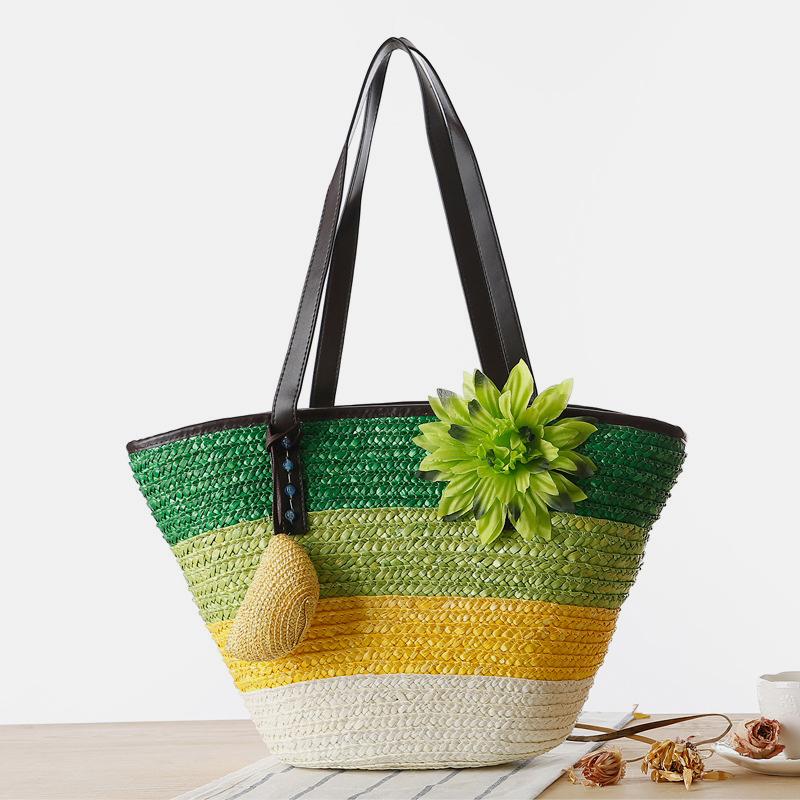 Summer Flower Straw Woven Beach Bag Travel Tote Bag