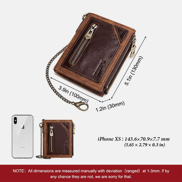 Vintage RFID Genuine Leather Bifold Coin Wallet With Chain