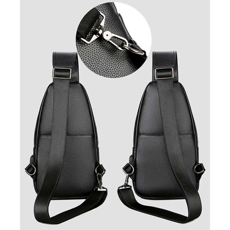 Multiple Pockets Leather Sling Chest Bag for Men with USB Charging Port