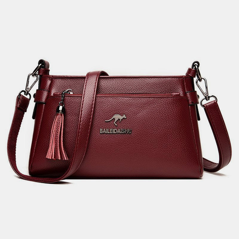 Genuine Leather Crossbody Purse for Women Small Tassel Crossover Shoulder Bag - Maroon - image 0