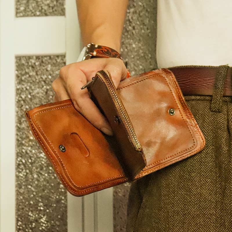 Leather Wallet For Men Double Folding Vintage Short Zipper Purse - image 1