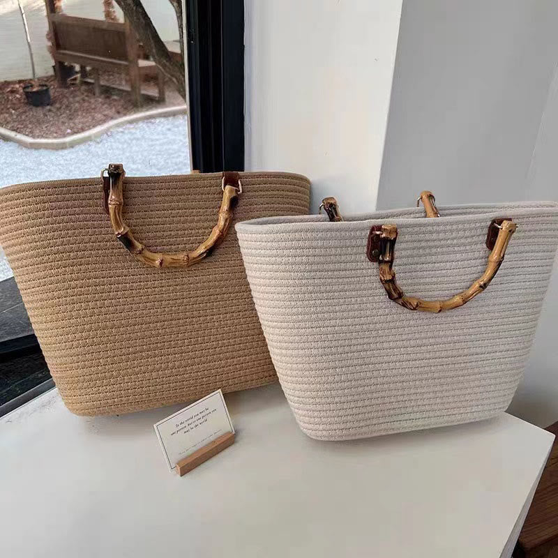 Spring Straw Woven Large Tote Bag for Women with Bamboo Handle