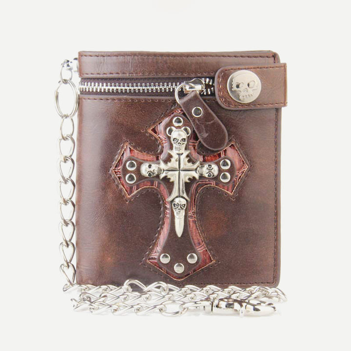 Mens Gothic Skull Cross Leather Punk Wallet with Long Metal Chain