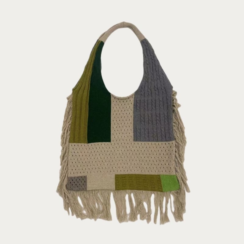 Tassel Shoulder Bag For Women Simple Retro Spliced Knitted Bag