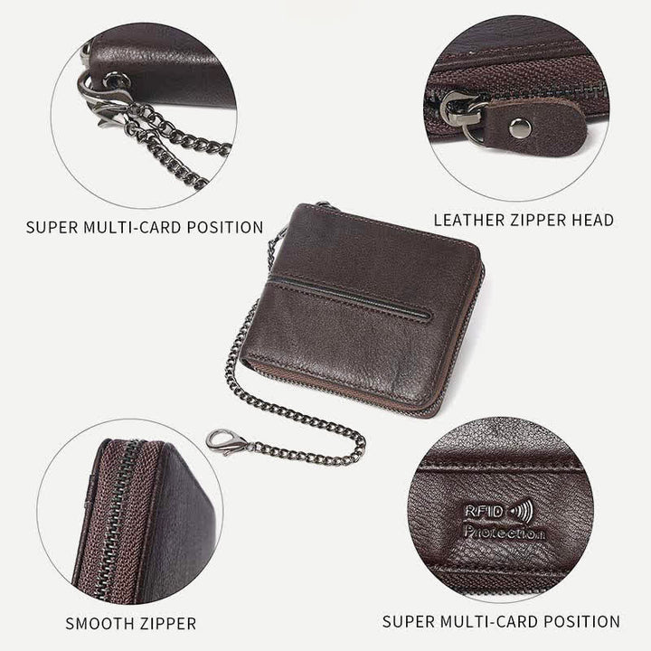 Genuine Leather Zip Around RFID Blocking Bifold Wallet with Chain