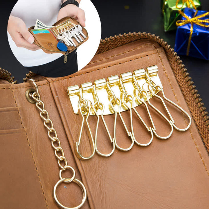Leather Zip Around Wallet for Men RFID Blocking Card Holder with Keychain
